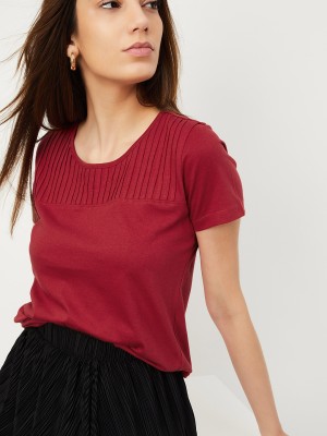 MAX Solid Women Round Neck Red T-Shirt