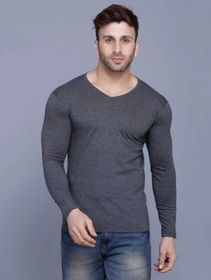 Neu Look Solid Men V Neck Grey T-Shirt