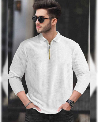 ABHYAMM Self Design Men Zip Neck White T-Shirt