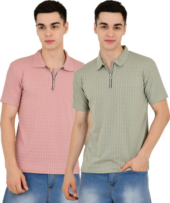 KEOTI Self Design Men Polo Neck Pink, Grey T-Shirt