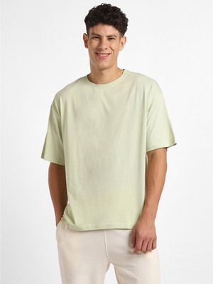 NOBERO Solid Men Crew Neck Light Green T-Shirt