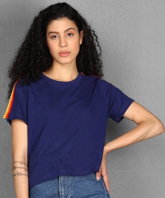 METRONAUT Solid Women Round Neck Dark Blue T-Shirt