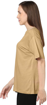 prageet Solid Women Round Neck Beige T-Shirt