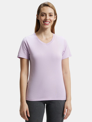 JOCKEY Solid Women V Neck Purple T-Shirt