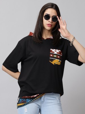 RodZen Printed Women Hooded Neck Black T-Shirt