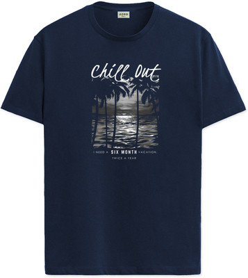 ADRO Graphic Print Men Round Neck Navy Blue T-Shirt
