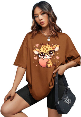 BELTLY Printed Women Round Neck Brown T-Shirt