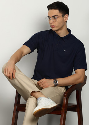 FUBAR Solid Men Polo Neck Dark Blue T-Shirt