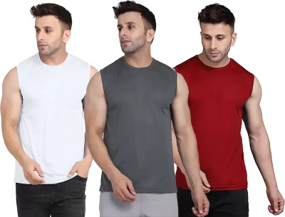 Think Tech Solid Men Round Neck White, Grey, Maroon T-Shirt