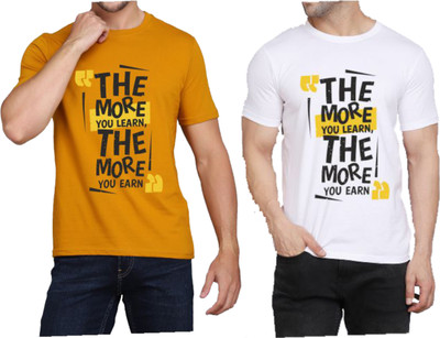 WOOSTRO Printed, Typography Men Round Neck White, Yellow T-Shirt