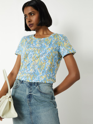 MAX Printed Women Round Neck Blue T-Shirt