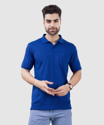 M TEX Solid Men Polo Neck Blue T-Shirt