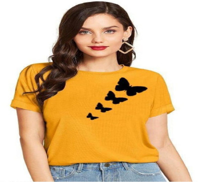 TARSHI Printed Women Round Neck Yellow T-Shirt