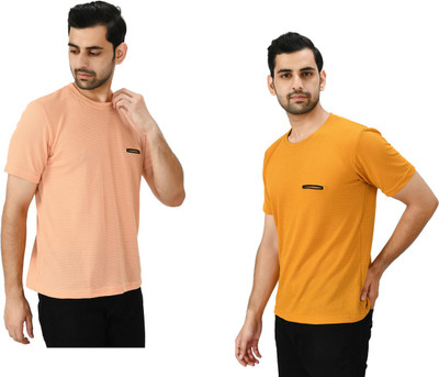 KAVYA Solid Men Round Neck Pink, Yellow T-Shirt