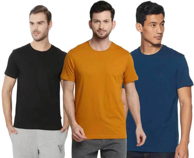 VAN HEUSEN Solid Men Round Neck Black, Navy Blue, Orange T-Shirt