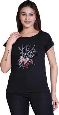 Ogarti Printed Women Round Neck Black T-Shirt