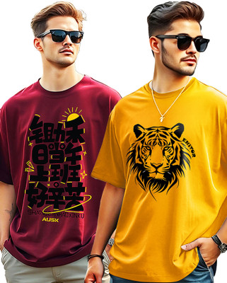 AUSK Printed Men Round Neck Yellow, Maroon T-Shirt