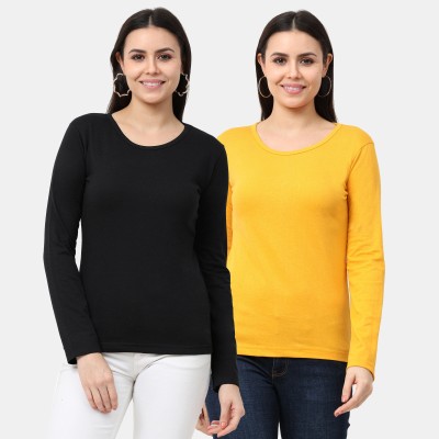 Wafaa Solid Women Round Neck Black, Yellow T-Shirt