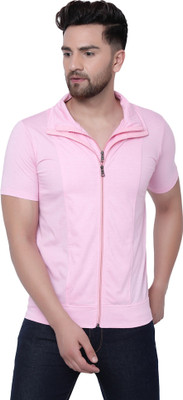 Tresna Trendy Solid Men Polo Neck Pink T-Shirt