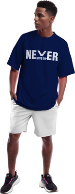 etsun Typography Men Round Neck Blue T-Shirt
