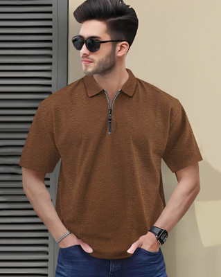 AUSK Checkered Men Polo Neck Brown T-Shirt