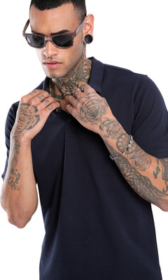 WROGN Solid Men Polo Neck Blue T-Shirt