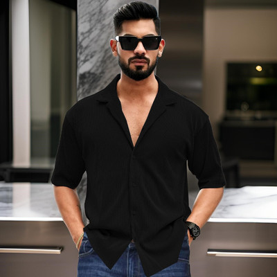 LIME Solid Men Peter Pan Collar Black T-Shirt