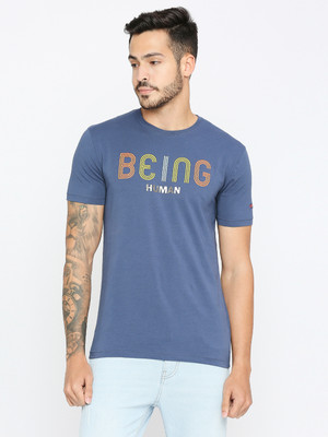 BEING HUMAN Typography Men Round Neck Blue T-Shirt