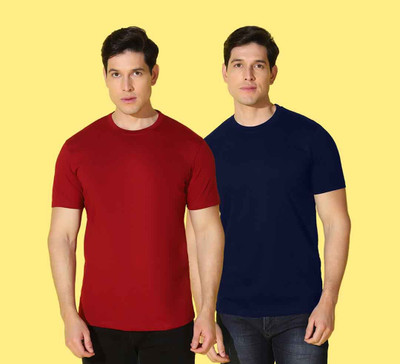 WOOSTRO Solid, Printed Men Round Neck Maroon, Blue T-Shirt