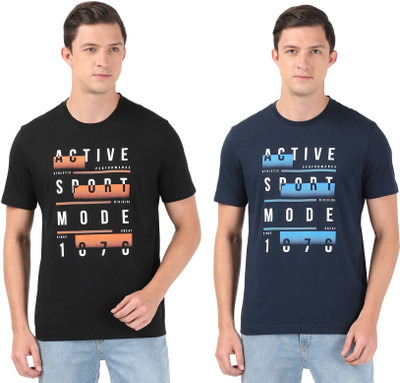 JOCKEY Printed Men Round Neck Black, Dark Blue T-Shirt