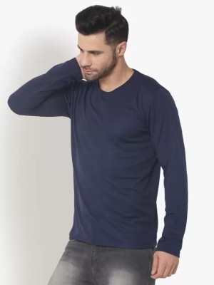 ApheFashion Solid Men Round Neck Blue T-Shirt