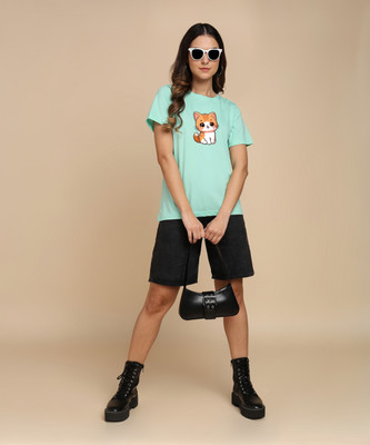 Adyavastram Printed Women Round Neck Light Blue T-Shirt