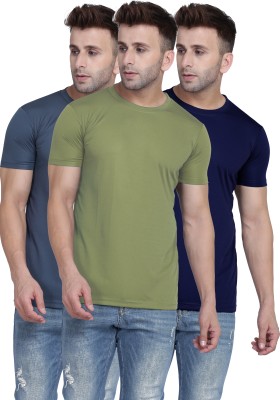 TQH Solid Men Round Neck Light Green, Grey, Dark Blue T-Shirt