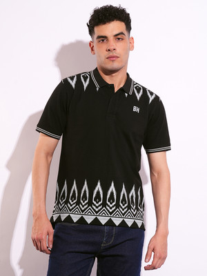 BEING HUMAN Printed Men Polo Neck Black T-Shirt