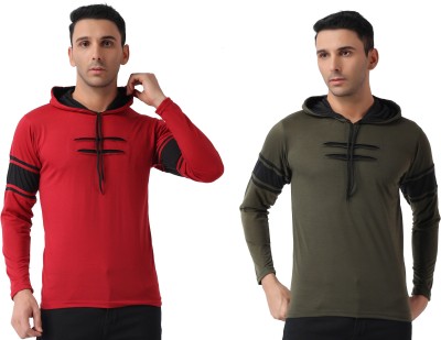 Vellszone Solid Men Hooded Neck Green, Black T-Shirt