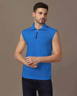 Blisstone Solid Men Polo Neck Blue T-Shirt