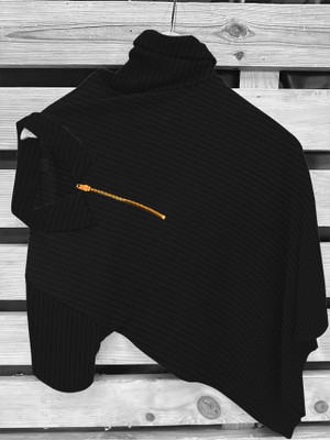 KAJARU Self Design Men Polo Neck Black T-Shirt