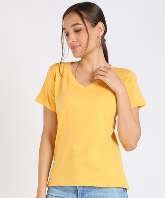 VAHSON Solid Women V Neck Yellow T-Shirt