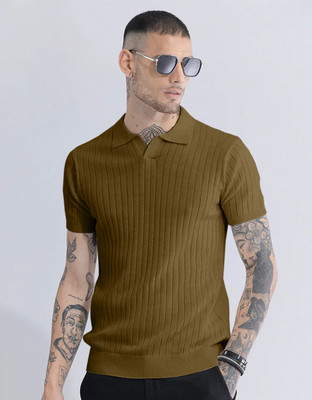 Veirdo Self Design Men Polo Neck Brown T-Shirt