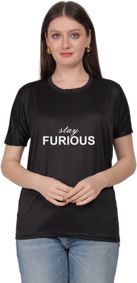 SAURABHQ Printed Women Round Neck Black T-Shirt