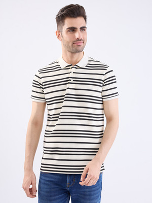 Spykar Striped Men Polo Neck White, Black T-Shirt