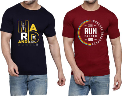 WOOSTRO Printed Men Round Neck Dark Blue, Maroon T-Shirt