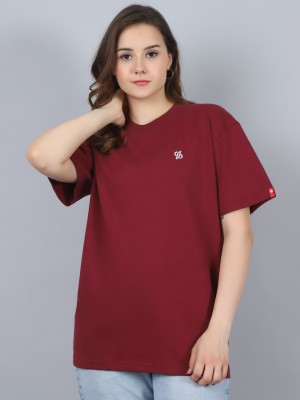 Prisello Solid Women Round Neck Maroon T-Shirt