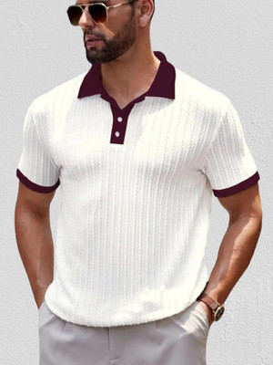 Krishna Designing Self Design Men Polo Neck White T-Shirt