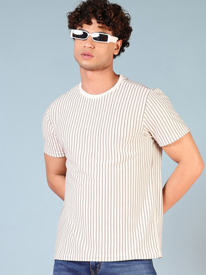 V-MART Striped Men Round Neck White T-Shirt