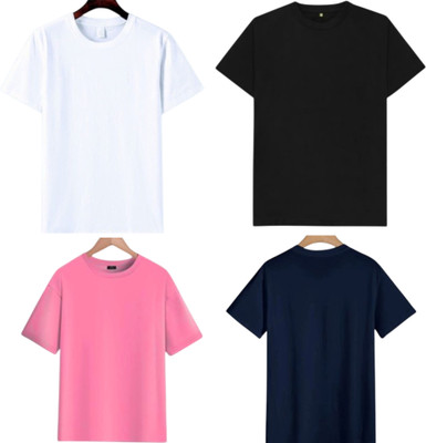 TTFE Solid Men Round Neck Pink, White, Black, Navy Blue T-Shirt