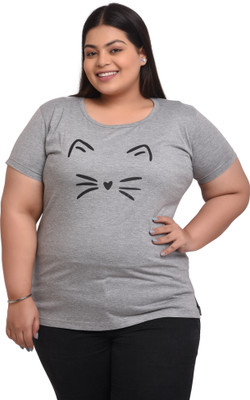 NEO GARMENTS Printed Women Round Neck Grey T-Shirt
