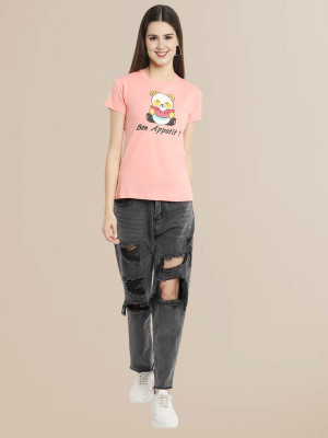 Fabflee Typography Women Round Neck Pink T-Shirt