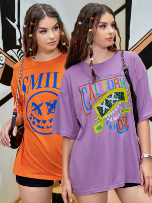 SYDNEY HILLS Printed Women Round Neck Purple, Orange T-Shirt