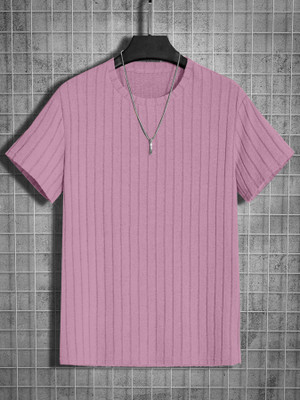 KAJARU Striped Men Round Neck Pink T-Shirt